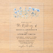 Elegante blauwe wilde bloemen bloemenbruiloft acryl uitnodigingen (Voorkant)