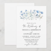 Elegante blauwe wilde bloemen bloemenbruiloft kaart (Voorkant / Achterkant)