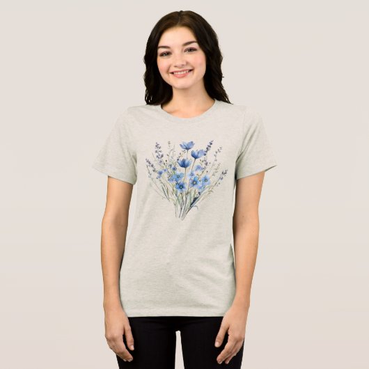 Elegante Blauwe Wilde Bloemen Tri-Blend Shirt (Voorkant volledig)