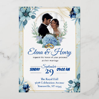 Elegante blauwe Wildflower bruiloft Folie Uitnodiging