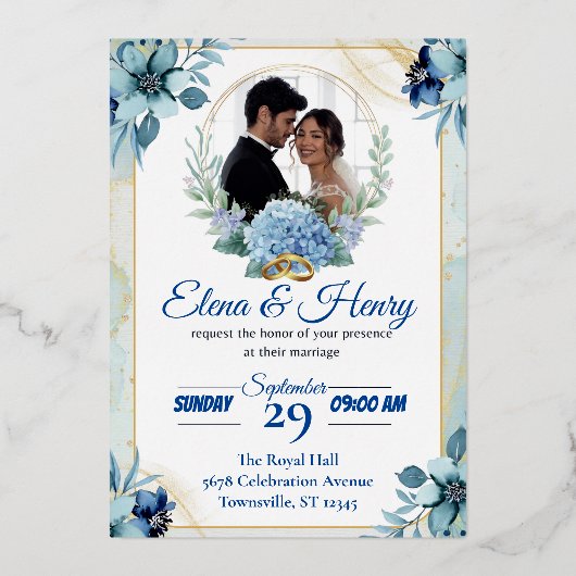 Elegante blauwe Wildflower bruiloft Folie Uitnodiging (Voorkant)