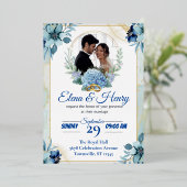 Elegante blauwe Wildflower bruiloft Folie Uitnodiging (Staand Voorkant)