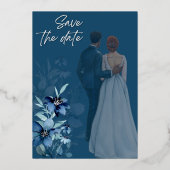 Elegante blauwe Wildflower bruiloft Folie Uitnodiging (Achterkant)