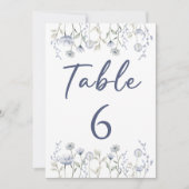 Elegante blauwe wildflower bruiloft tafel nummers kaart (Voorkant)