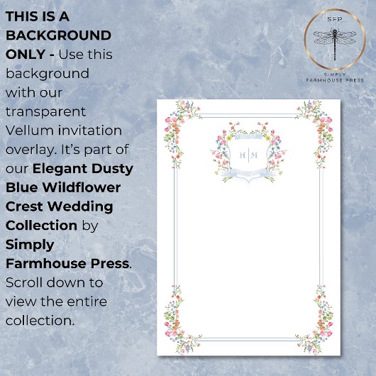 Elegante blauwe Wildflower Crest bruiloft achtergr Kaart