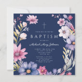Elegante Blauwe Wildflower Krans Jongensdoop Kaart (Voorkant)