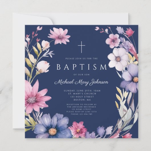 Elegante Blauwe Wildflower Krans Jongensdoop Kaart (Voorkant)