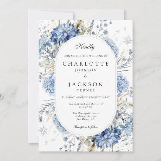 Elegante Blauwe Wildflowers Waterverf Floral Weddi Kaart (Voorkant)