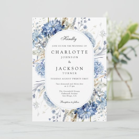 Elegante Blauwe Wildflowers Waterverf Floral Weddi Kaart (Staand voorkant)