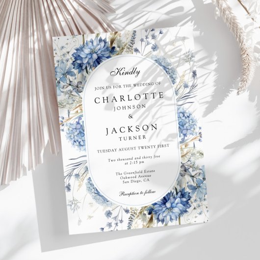 Elegante Blauwe Wildflowers Waterverf Floral Weddi Kaart