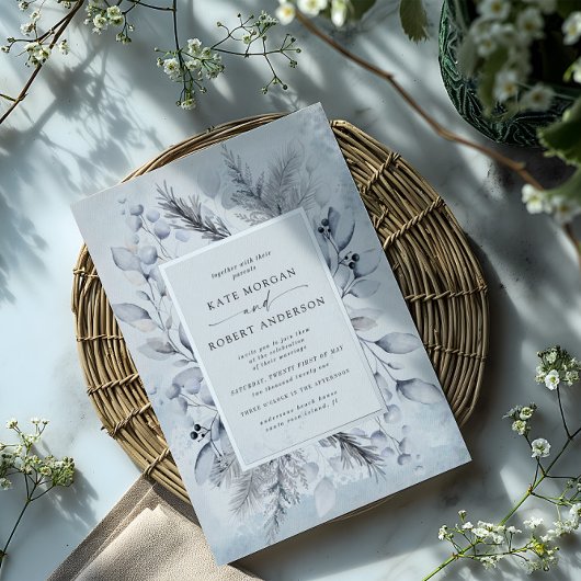 Elegante blauwe winter bloemenbruiloft folie uitnodiging
