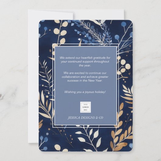 Elegante Blauwe Winter Botanische Kerst Corporate Feestdagenkaart (Achterkant)