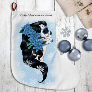 Elegante Blauwe Winter Suiker Schedel Bloemige Vro Grote Kerstsok