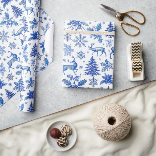 Elegante Blauwe Winter Wonderland Kerstcadeau Wrap Cadeaupapier (Crafts)