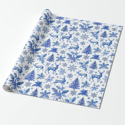 Elegante Blauwe Winter Wonderland Kerstcadeau Wrap Cadeaupapier (Uitgerold)