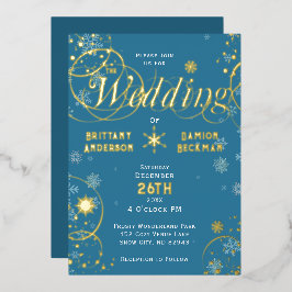 Elegante Blauwe Winter Wonderland Trouwdag Goud Folie Uitnodiging