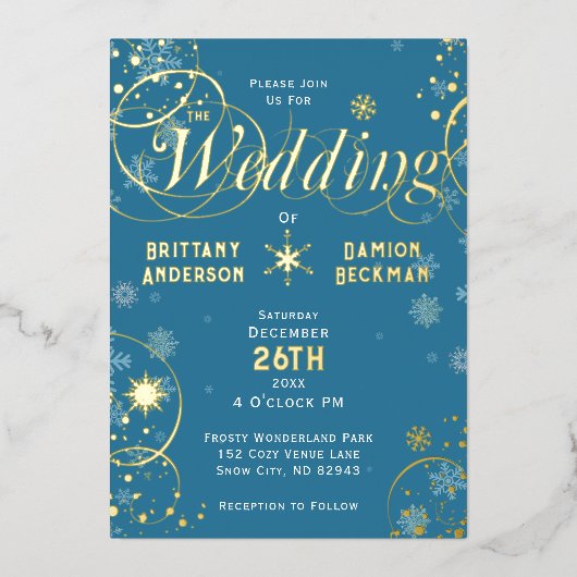Elegante Blauwe Winter Wonderland Wedding Gold Folie Uitnodiging (Voorkant)