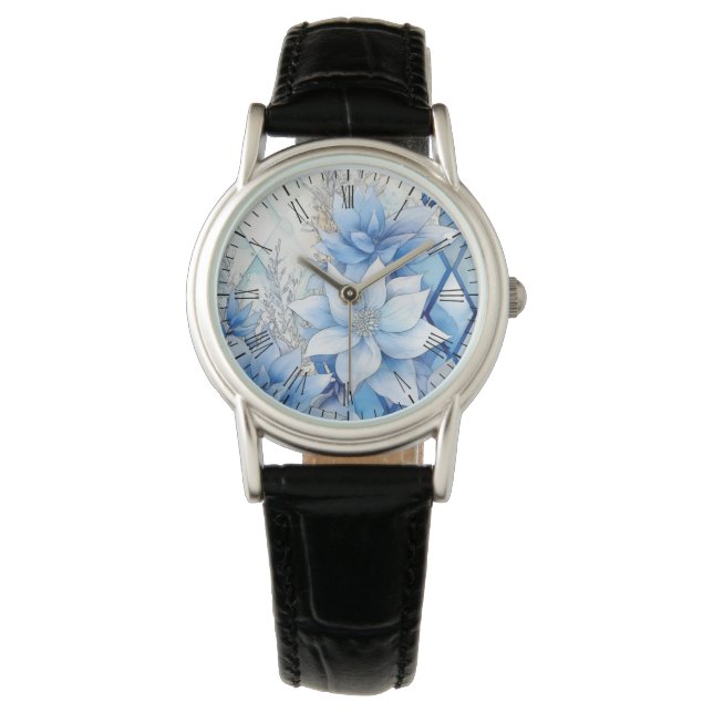 Elegante blauwe winterbloemen horloge (Voorkant)