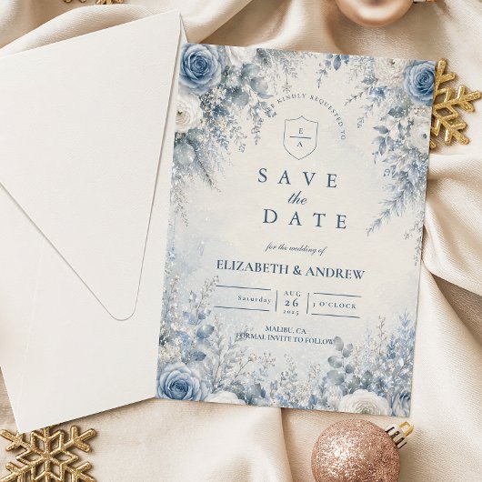 Elegante Blauwe Winterhuwelijk Save The Date