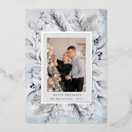 elegante blauwe winterloof fotovakantiekaart folie uitnodiging
