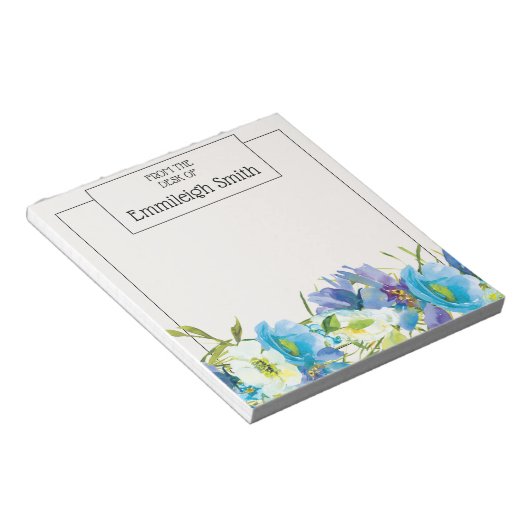 Elegante Blauwe Witte Aquarel Tuin Bloemen Notitieblok (Schuin)