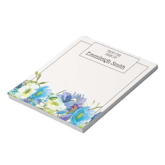 Elegante Blauwe Witte Aquarel Tuin Bloemen Notitieblok (Linkerzijde)