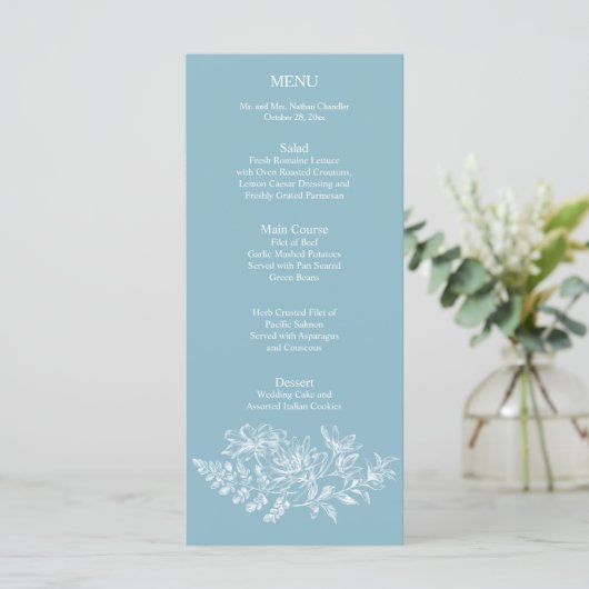 Elegante Blauwe Witte Bloem Huwelijk Receptie Menu (Staand voorkant)