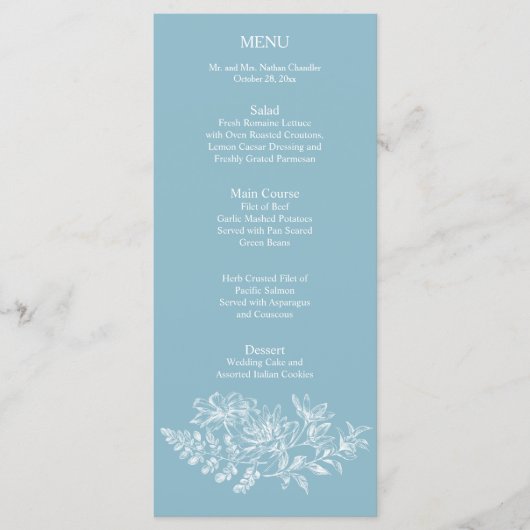 Elegante Blauwe Witte Bloem Huwelijk Receptie Menu (Voorkant)
