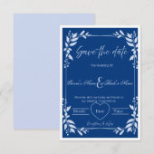 Elegante Blauwe & Witte Bloem "Save the Date" Kaart (Voorkant / Achterkant)
