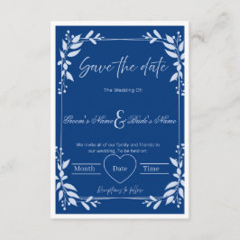 Elegante Blauwe & Witte Bloem "Save the Date" Kaart