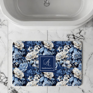 Elegante blauwe witte bloemen gepersonaliseerde ba badmat