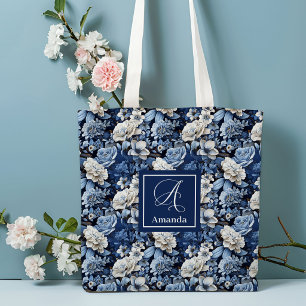 Elegante blauwe witte bloemen gepersonaliseerde bo tote bag