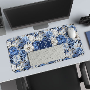 Elegante Blauwe Witte Bloemen Persoonlijke Bureaum Bureaumat