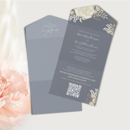 Elegante Blauwe Witte Bloemige Trouw QR Code All In One Uitnodiging