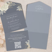 Elegante Blauwe Witte Bloemige Trouw QR Code All In One Uitnodiging