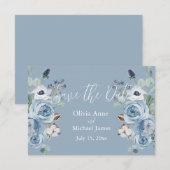 Elegante Blauwe & Witte Bloemrijke Script Bewaar D Save The Date (Voorkant / Achterkant)