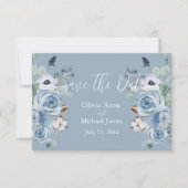 Elegante Blauwe & Witte Bloemrijke Script Save The Date (Voorkant)