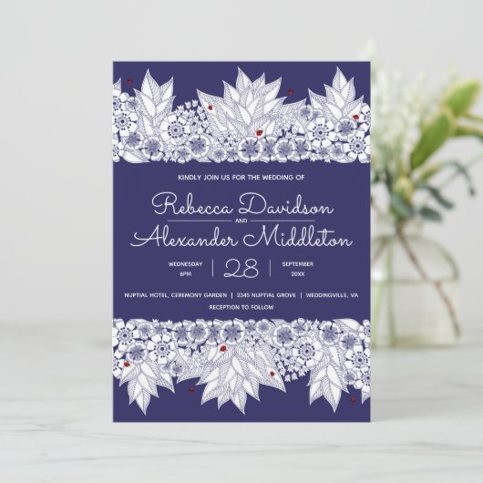 Elegante Blauwe Witte Bruiloft Aankondiging (Staand voorkant)