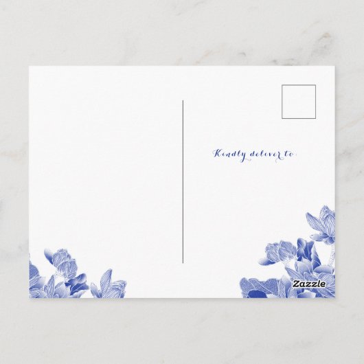 Elegante blauwe witte chinoiserie bloem dank je we briefkaart (Achterkant)