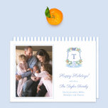 Elegante blauwe witte citrus vrolijke kerstfoto feestdagenkaart<br><div class="desc">prettige feestdagen * Foto: Fotografie © Storytree Studios, Stanford, CA ** / Smart fotokaart met ruimte voor een enkel letter monogram en een familiefoto. Alle waterverf-elementen werden oorspronkelijk door mij in waterverven op 100% katoenpapier geschilderd voordat ze digitaal gescand en gerangschikt / gestyled werden. De achterkant van het ontwerp is...</div>