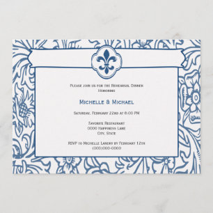 Elegante Blauwe Witte Fleur de Lis Feest Uitnodigi Kaart