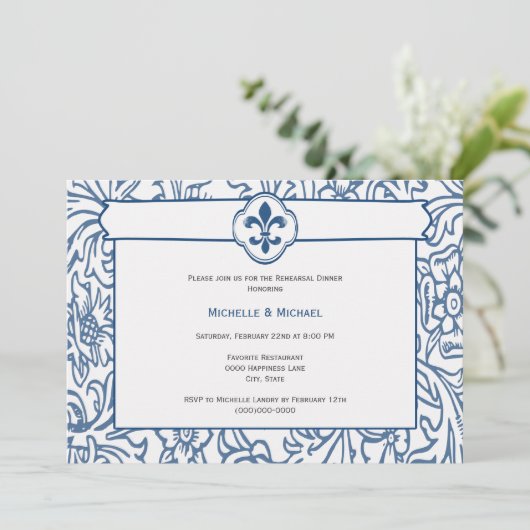 Elegante blauwe witte Fleur de Lis-feestuitnodigin Kaart (Staand voorkant)