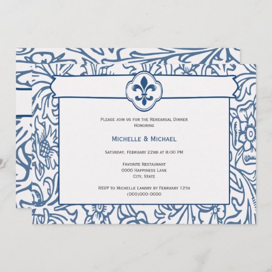 Elegante blauwe witte Fleur de Lis-feestuitnodigin Kaart (Voorkant / Achterkant)