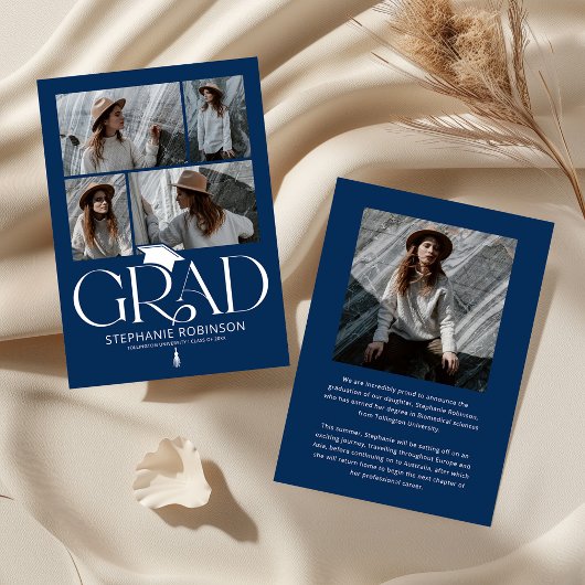 Elegante blauwe & witte fotocollage afstudeercadea aankondiging