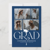 Elegante blauwe & witte fotocollage afstudeercadea aankondiging (Voorkant)