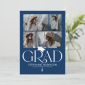 Elegante blauwe & witte fotocollage afstudeercadea aankondiging (Staand voorkant)