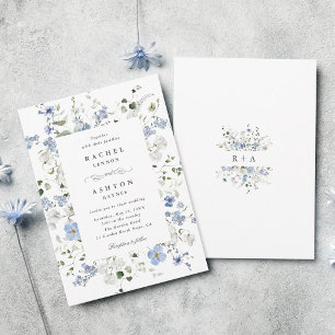 Elegante Blauwe Witte Groene Bloemige Bruiloft Kaart