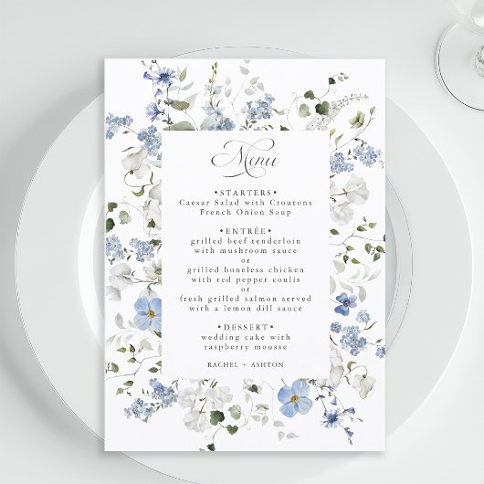 Elegante Blauwe Witte Groene Bloemige Bruiloft Menu