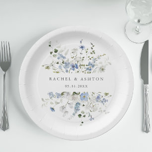 Elegante Blauwe Witte Groene Bloemige Bruiloft Papieren Bordje