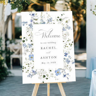 Elegante blauwe witte groene bloemige huwelijksbeg poster